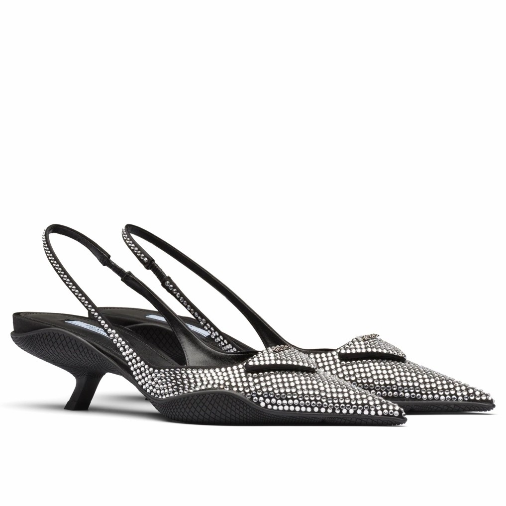 Pra*a satin slingback pumps with crystals
