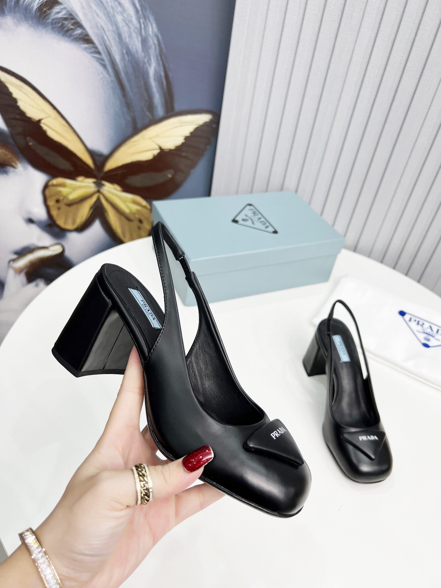 Pra*a slingbacks pumps 75mm in black patent leather