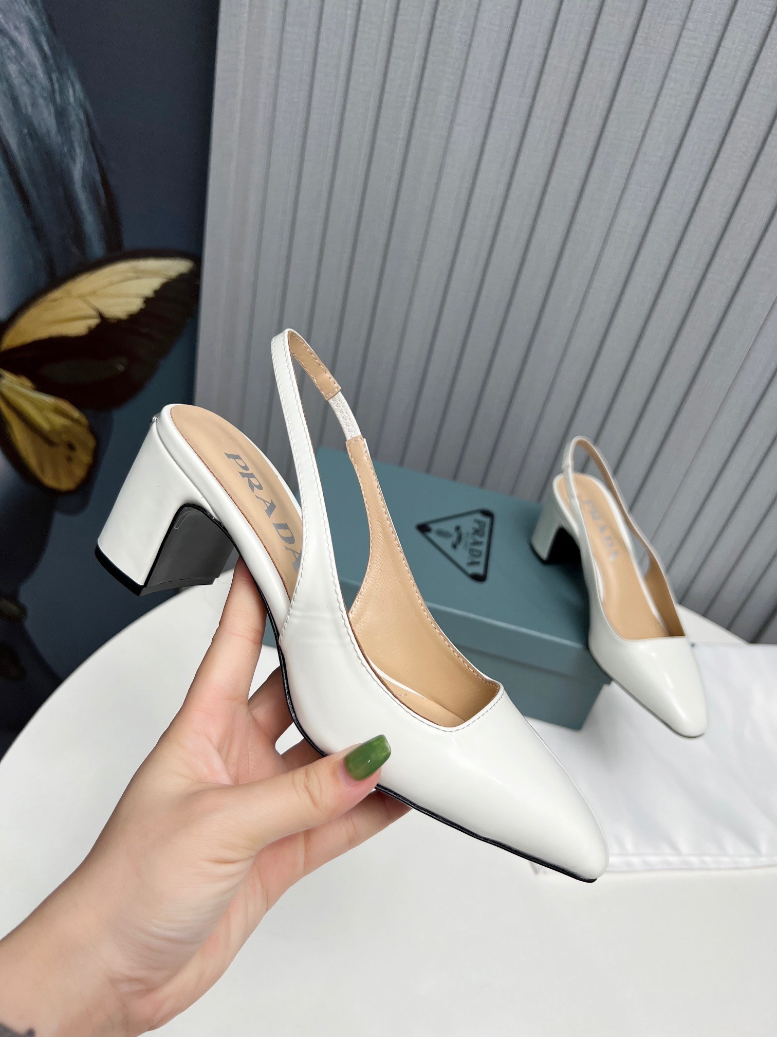 Pra*a slingbacks pumps 65mm in white patent leather