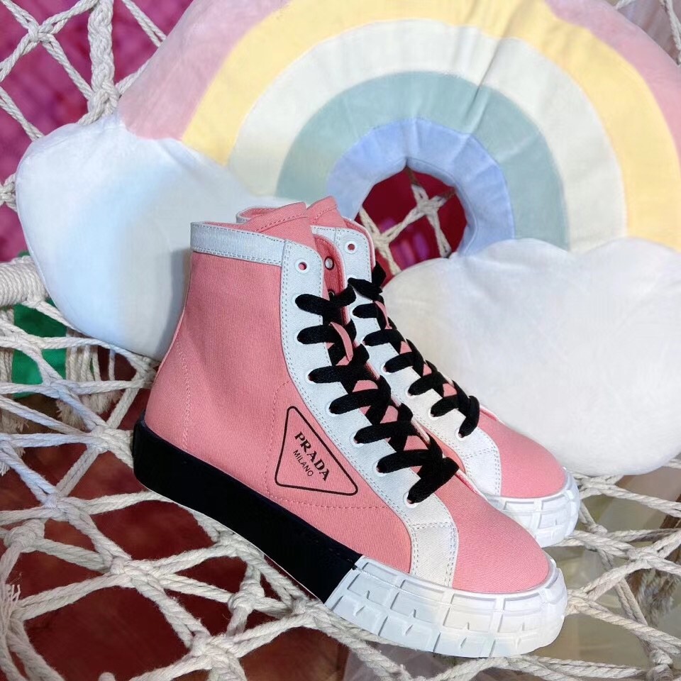 Pra*a pink/white gabardine high-top sneakers