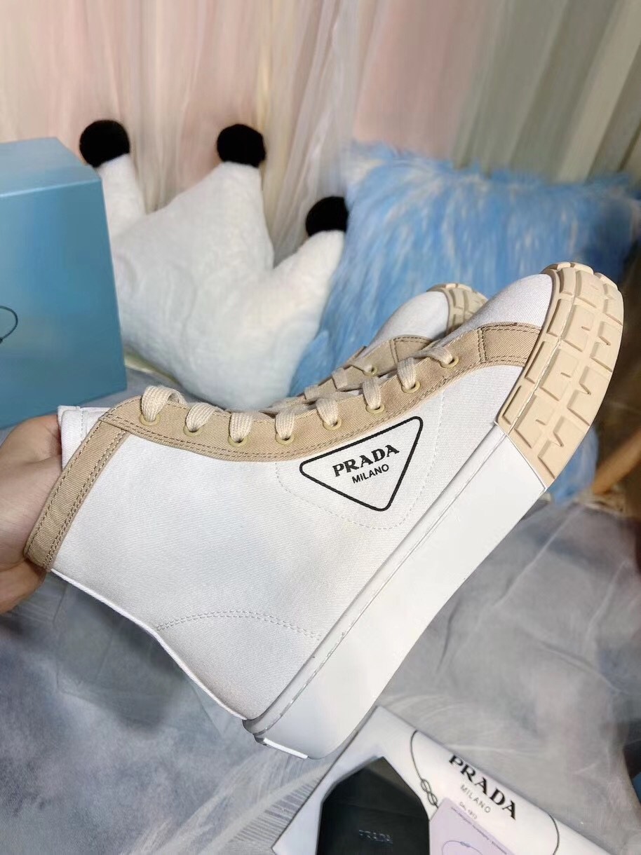 Pra*a white/beige gabardine high-top sneakers