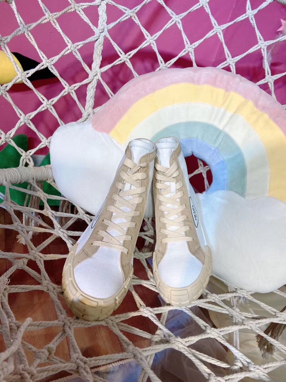 Pra*a white/beige gabardine high-top sneakers
