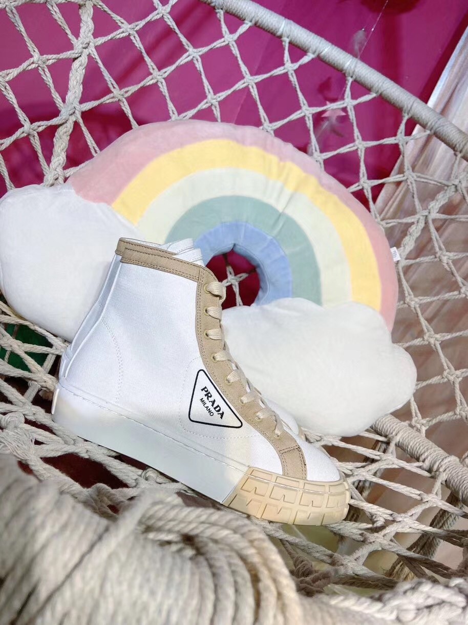 Pra*a white/beige gabardine high-top sneakers