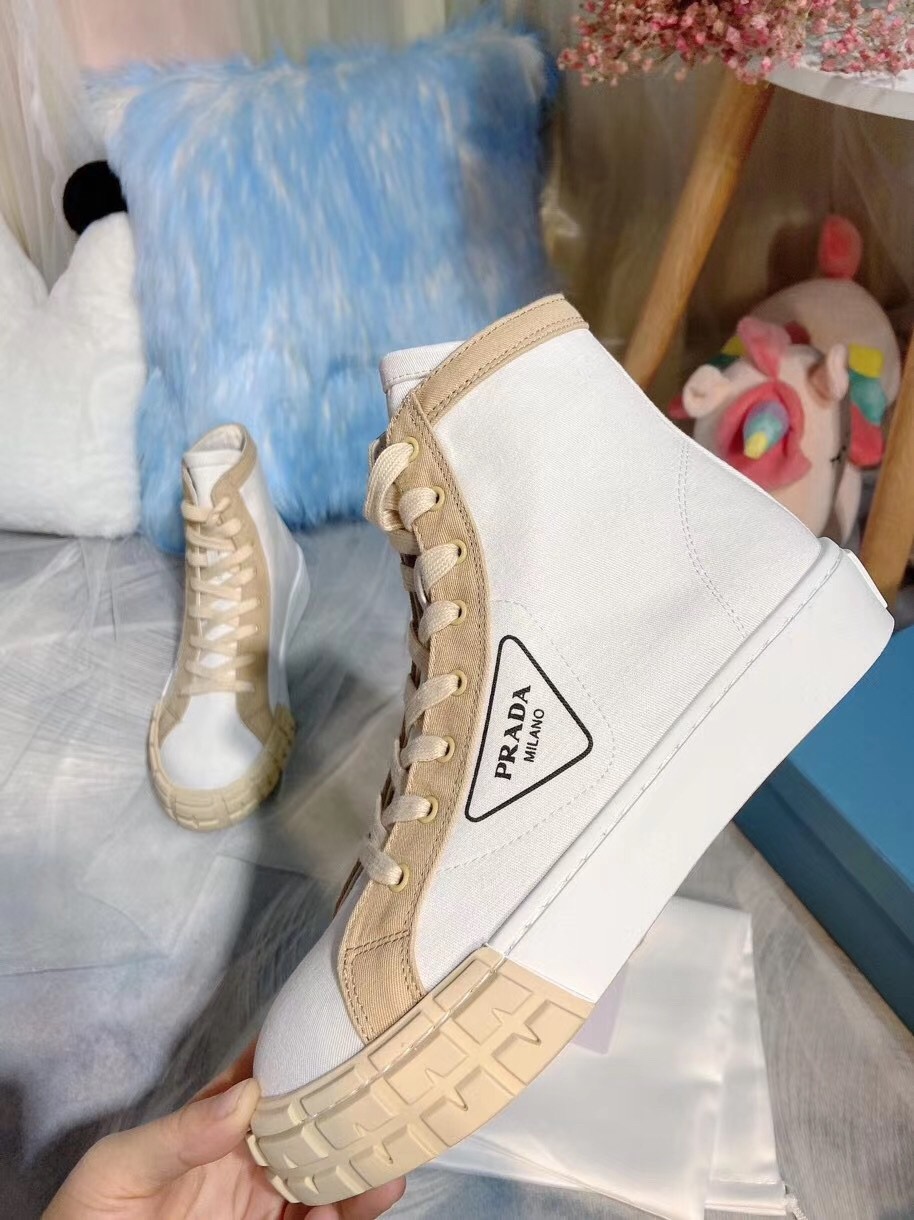 Pra*a white/beige gabardine high-top sneakers