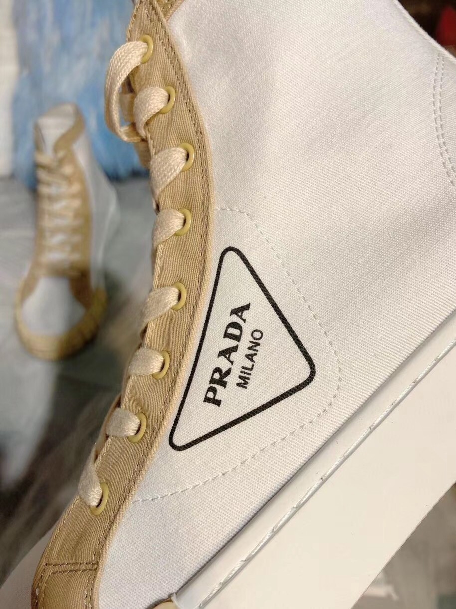 Pra*a white/beige gabardine high-top sneakers