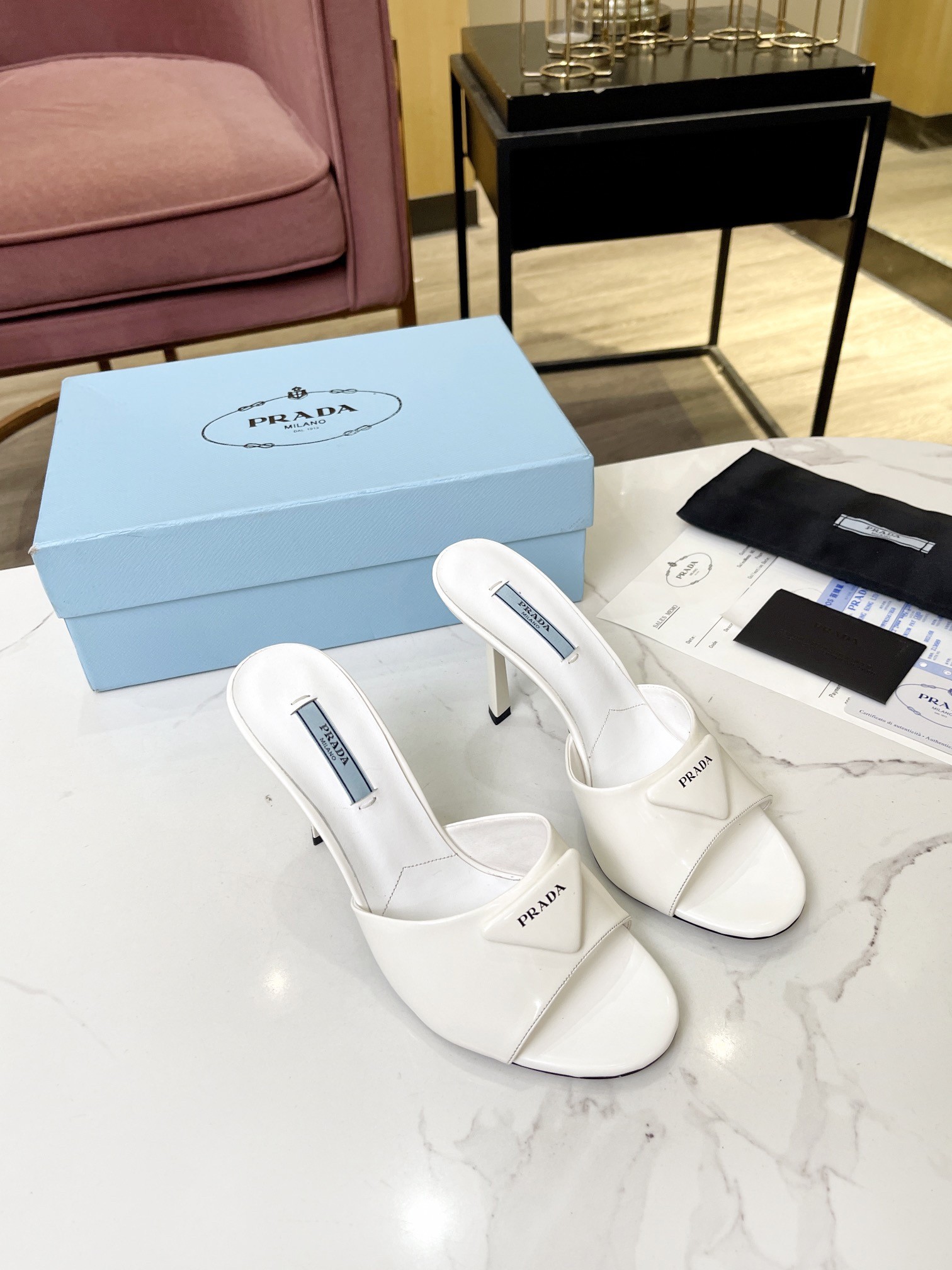 Pra*a heeled sandals 75mm in white brushed leather