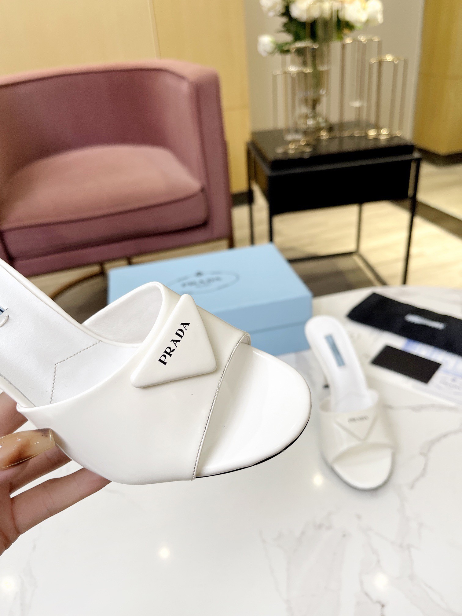 Pra*a heeled sandals 75mm in white brushed leather