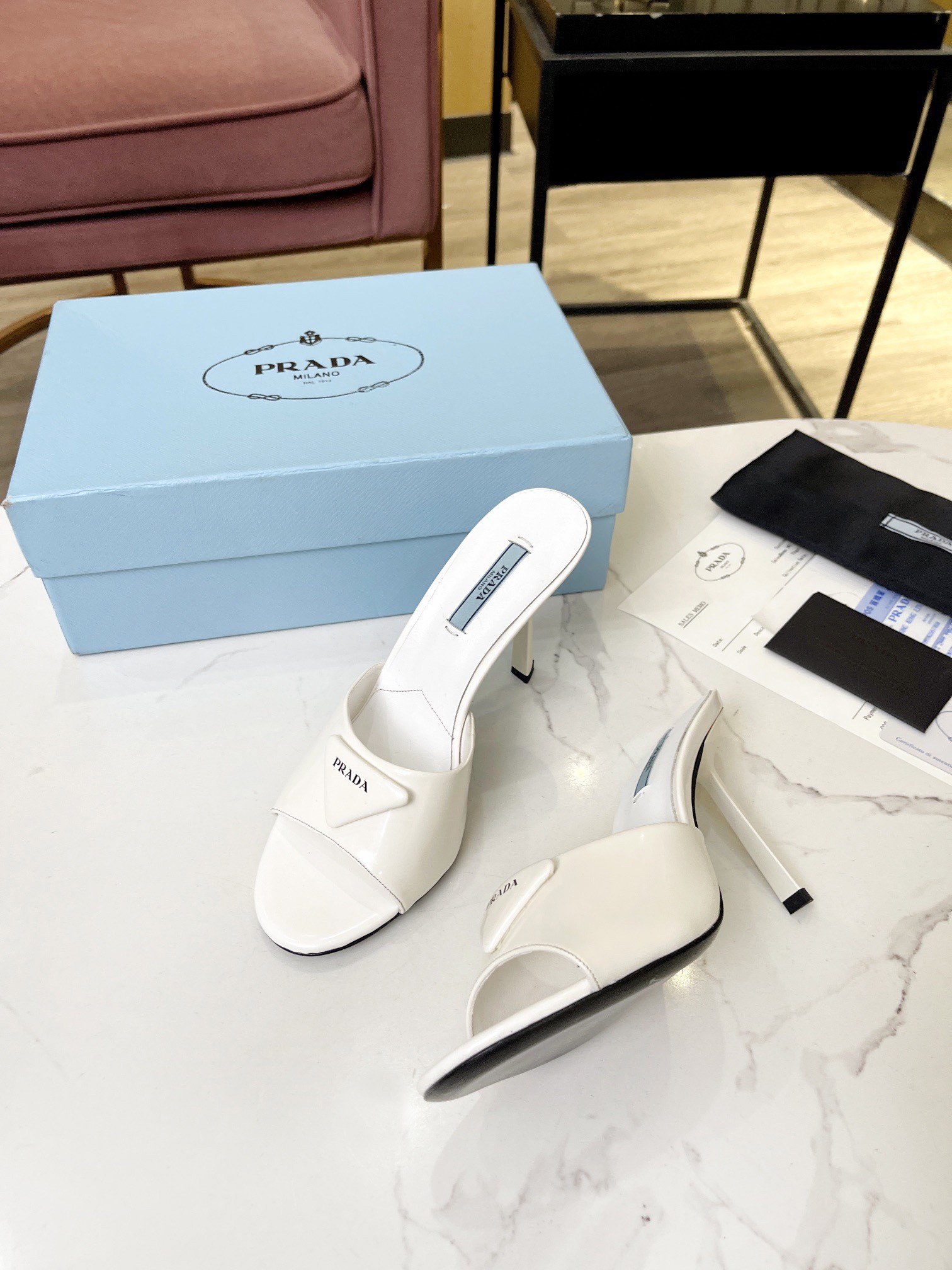 Pra*a heeled sandals 75mm in white brushed leather