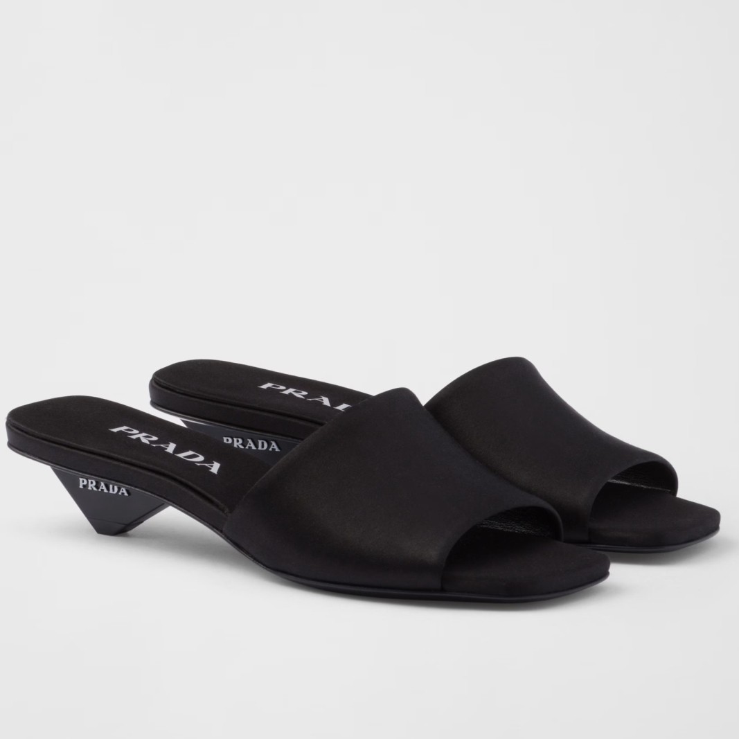 Pra*a heeled slides 35mm in black satin
