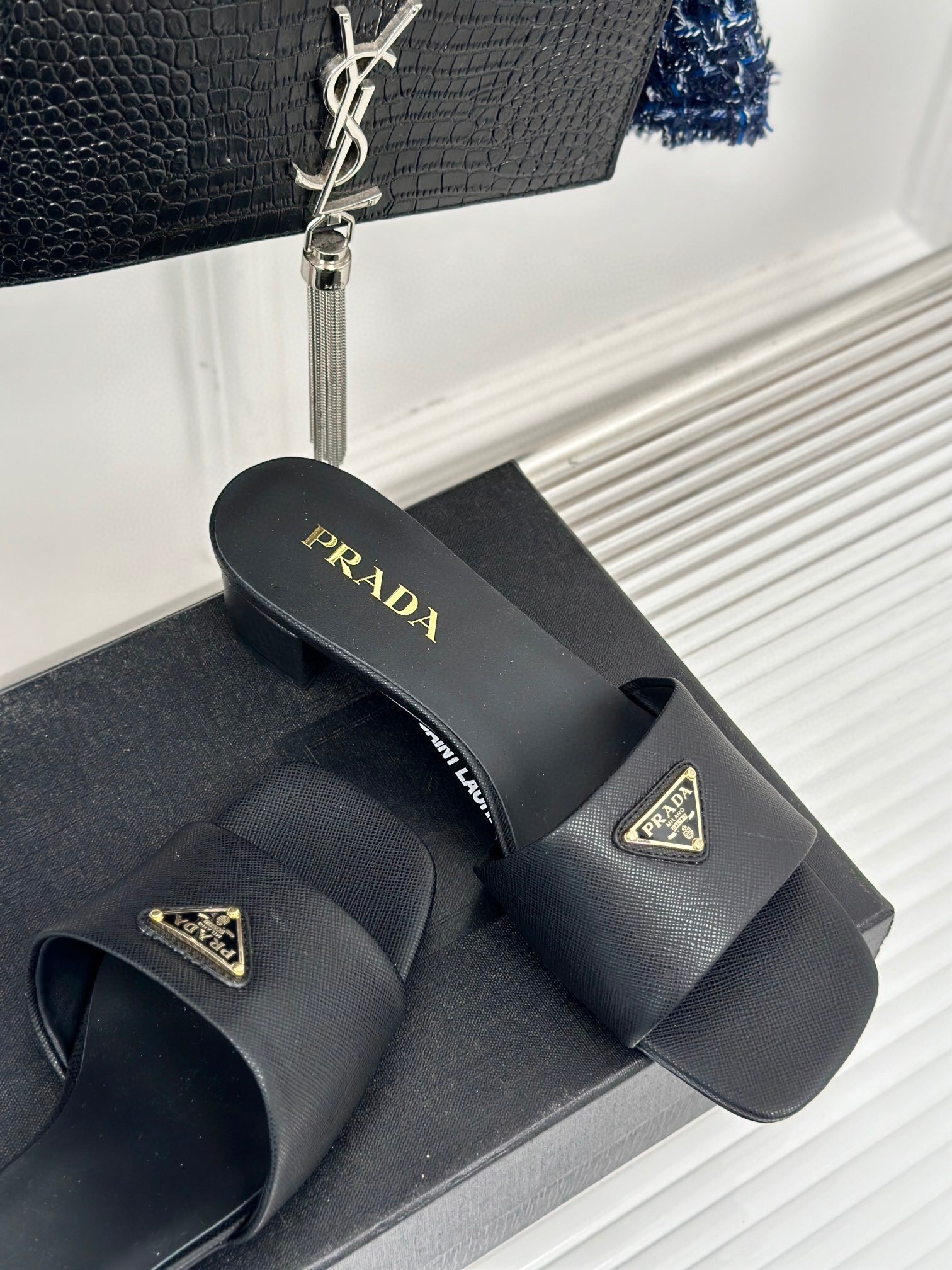 Pra*a heeled sandals 35mm in black saffiano leather