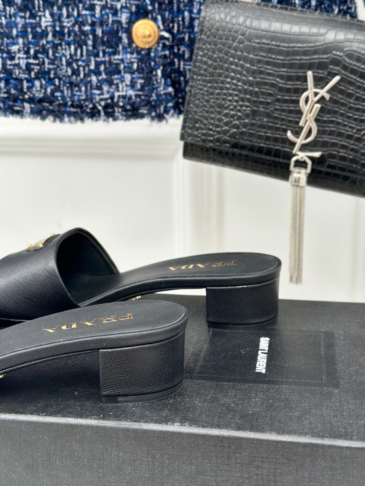 Pra*a heeled sandals 35mm in black saffiano leather