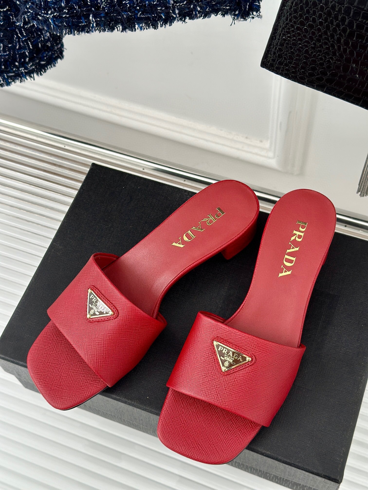 Pra*a heeled sandals 35mm in red saffiano leather
