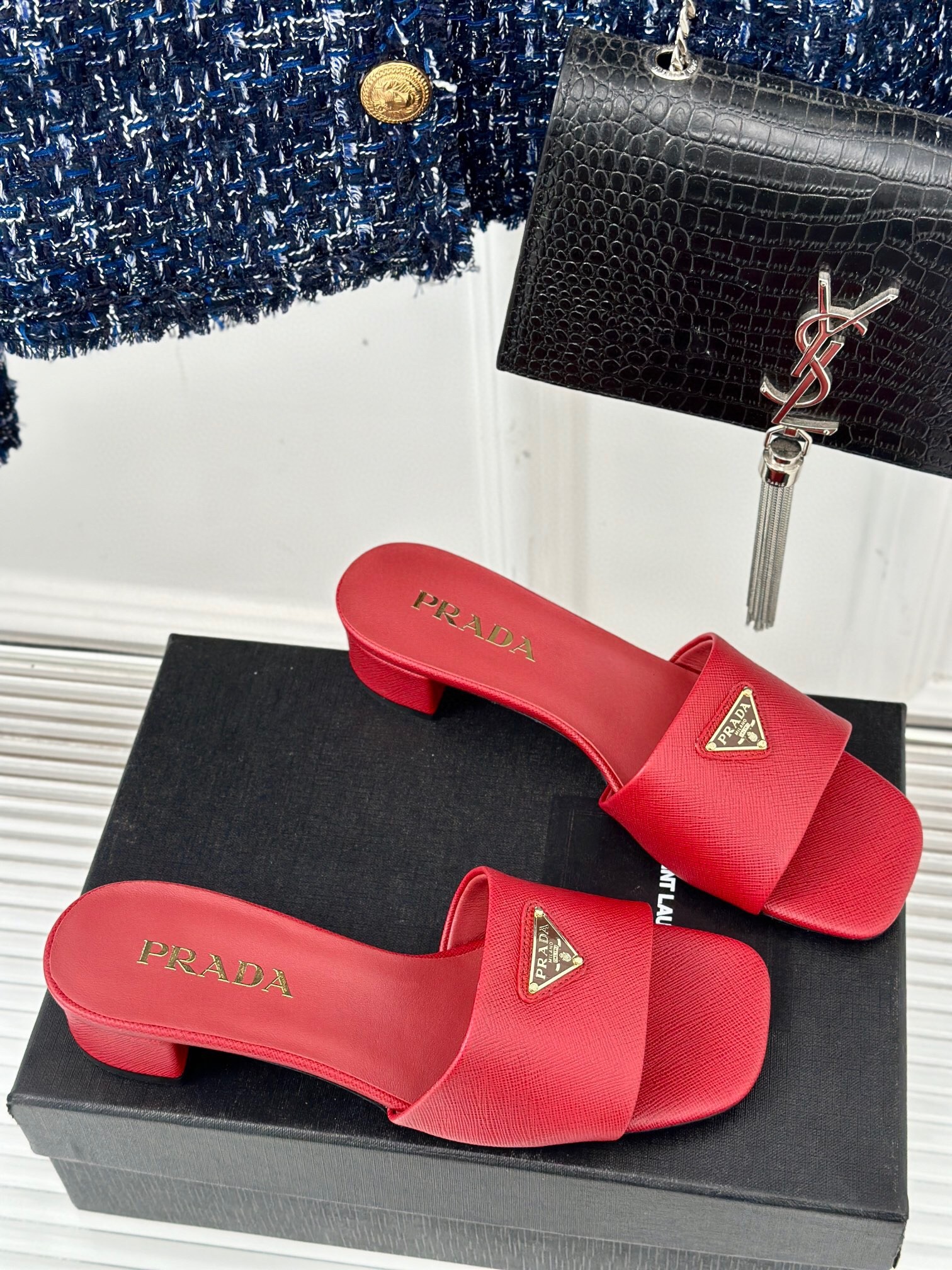 Pra*a heeled sandals 35mm in red saffiano leather