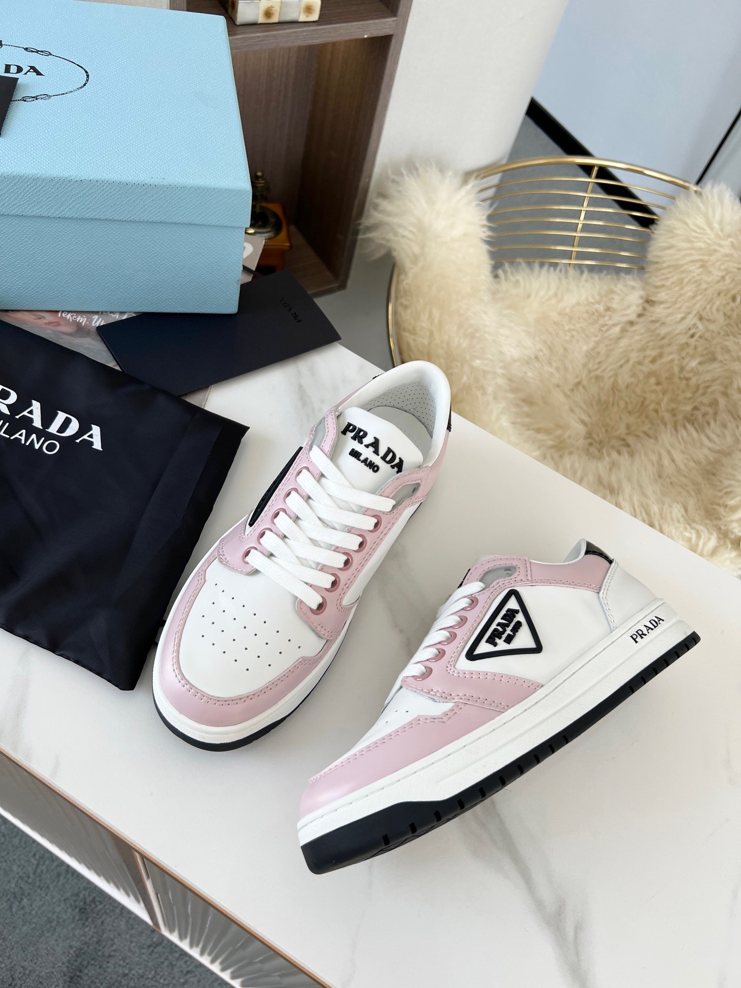 Pra*a district sneakers in white and pink calfskin