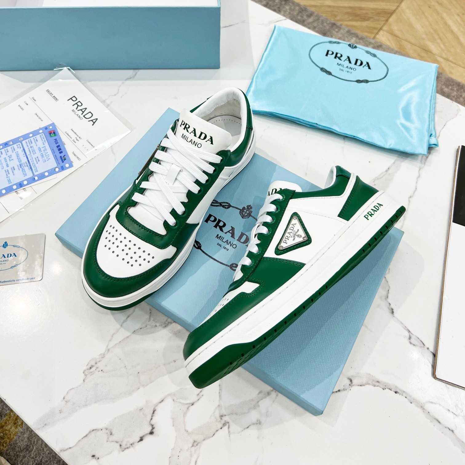 Pra*a downtown sneakers in white and green calfskin