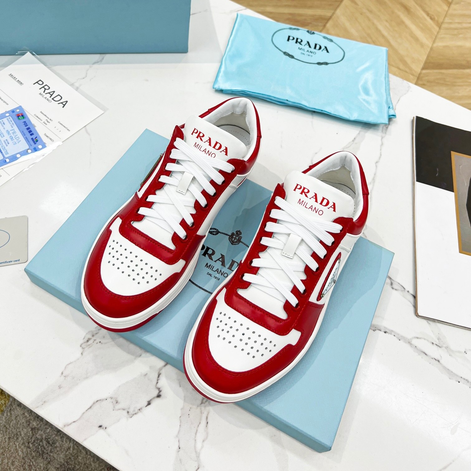 Pra*a downtown sneakers in white and red calfskin