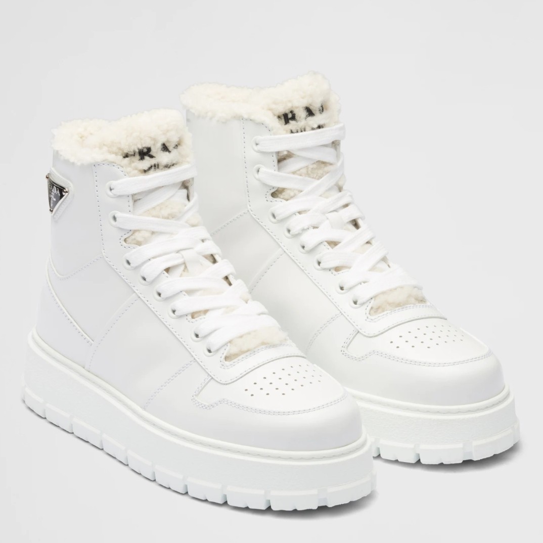 Pra*a women''s high-top sneakers in leather and shearling
