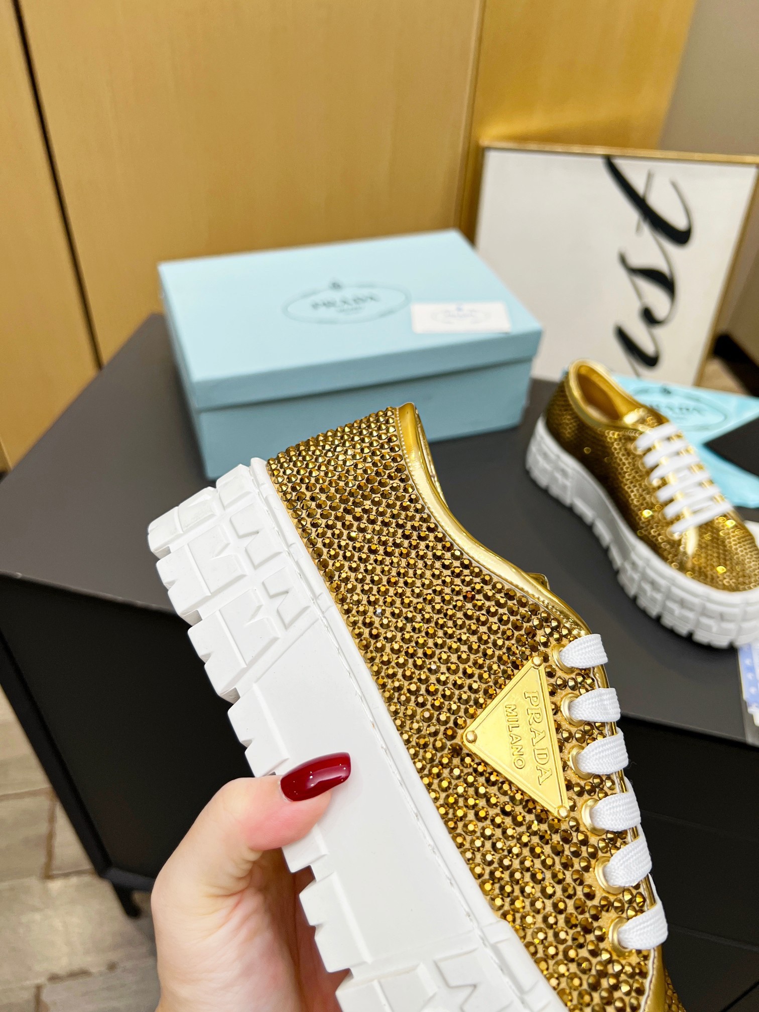 Pra*a double wheel sneakers in satin with crystals