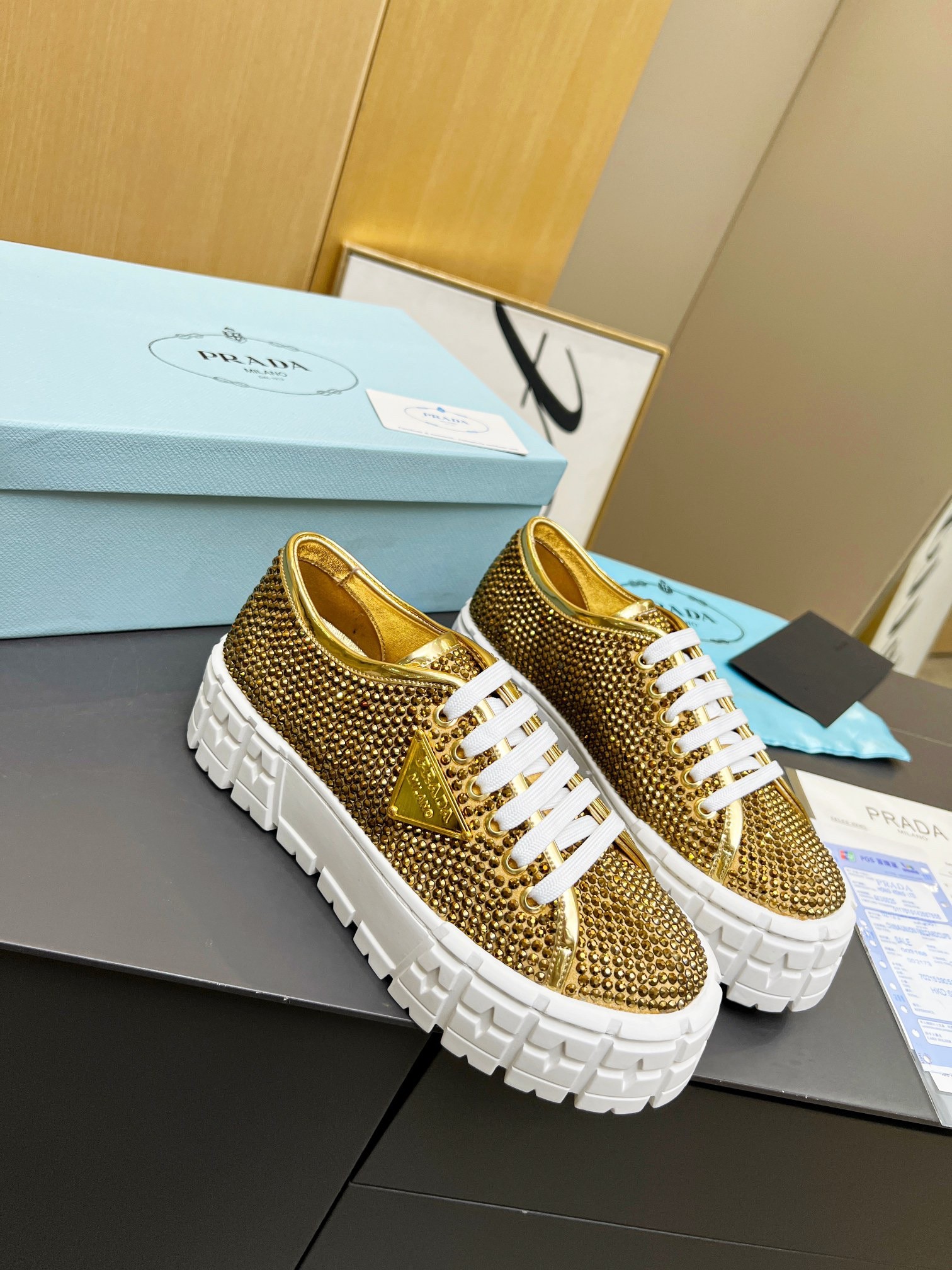 Pra*a double wheel sneakers in satin with crystals