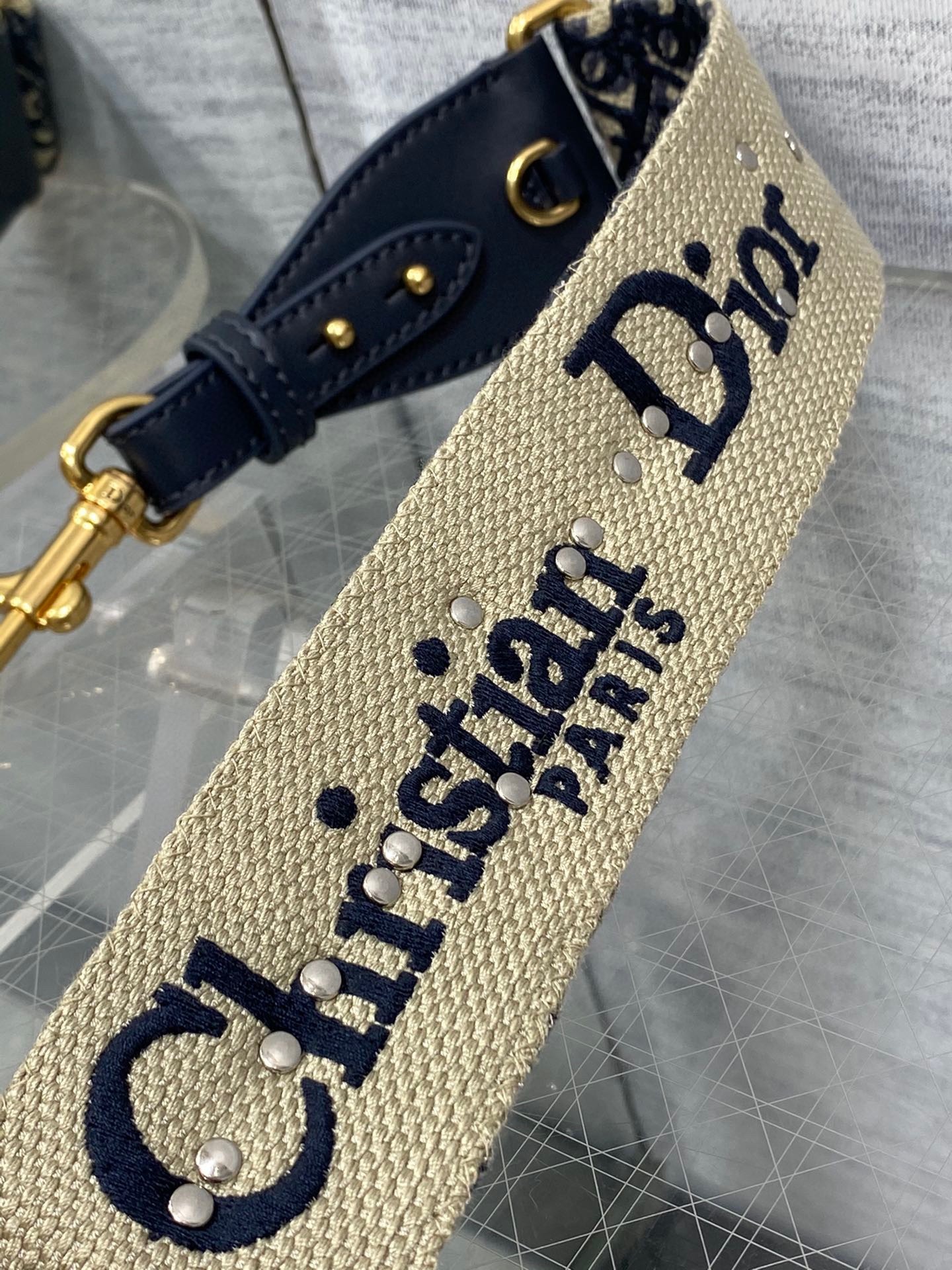 D*or shoulder strap with ring in blue oblique embroidery with medallions