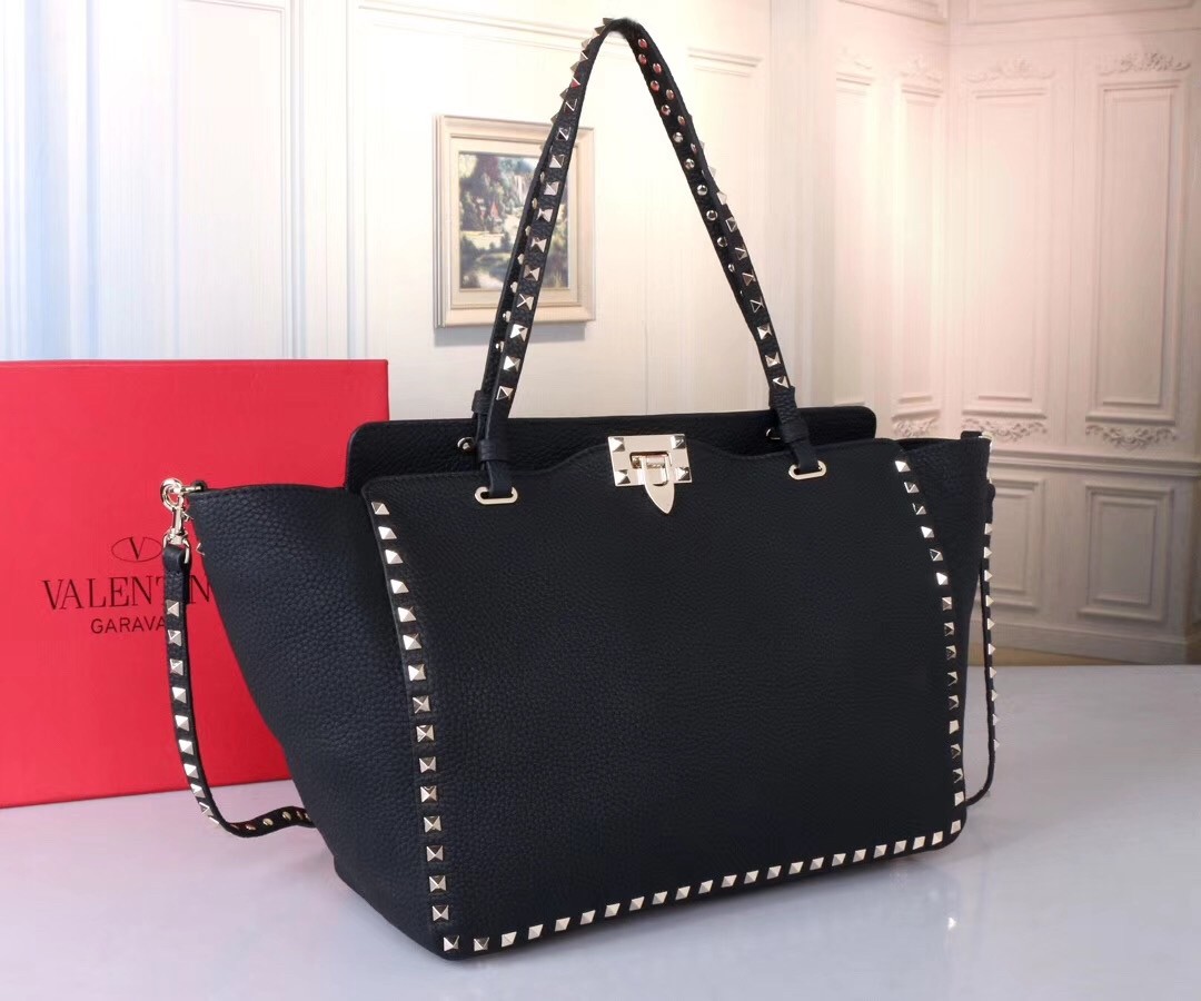 Valentino Medium Rockstud Tote In Black Grain Calfskin