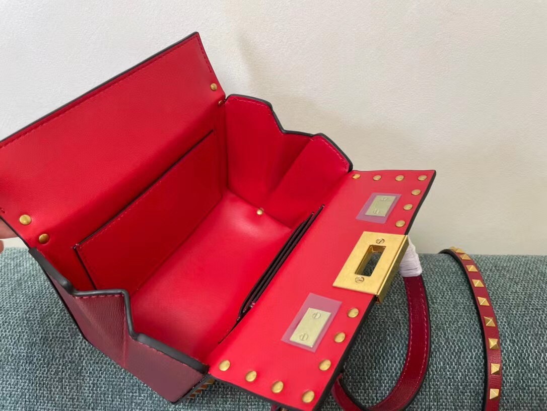 Valentino Rockstud Alcove Box Bag In Red Calfskin