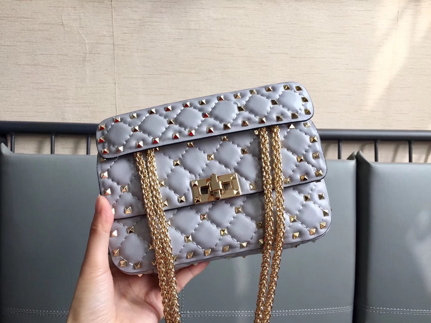 Valentino Rockstud Spike Small Bag In Pale Blue Lambskin