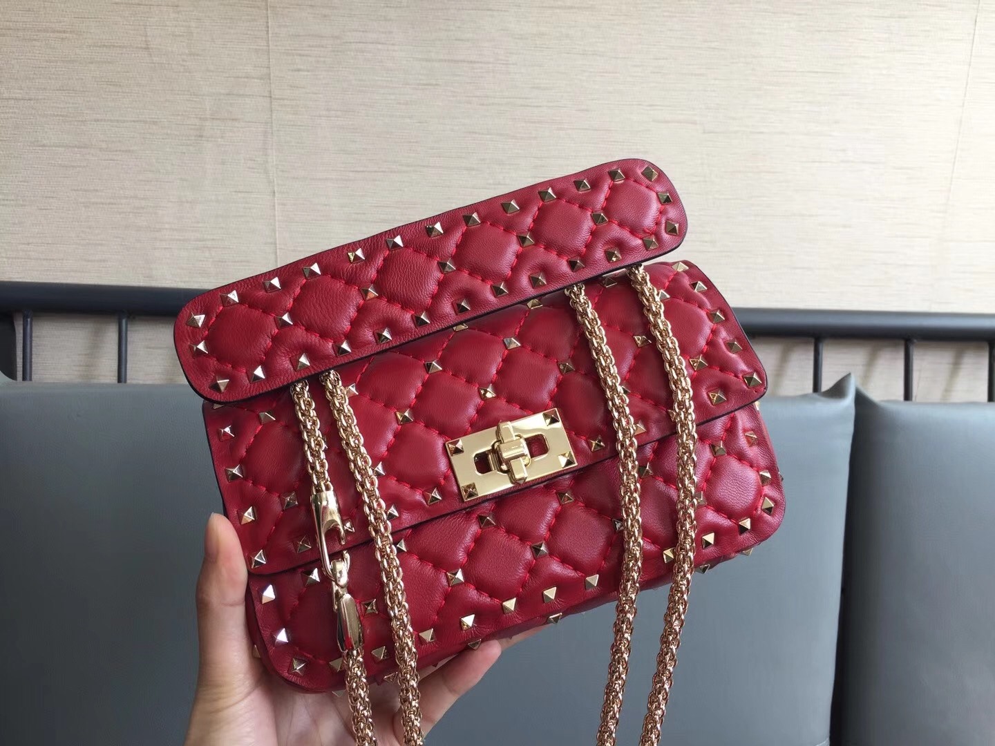 Valentino Rockstud Spike Small Bag In Red Lambskin