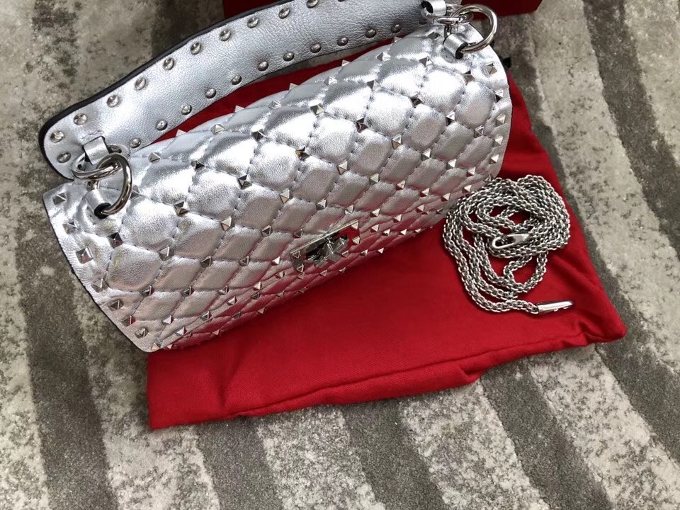 Valentino Rockstud Spike Medium Bag In Silver Metallic Lambskin