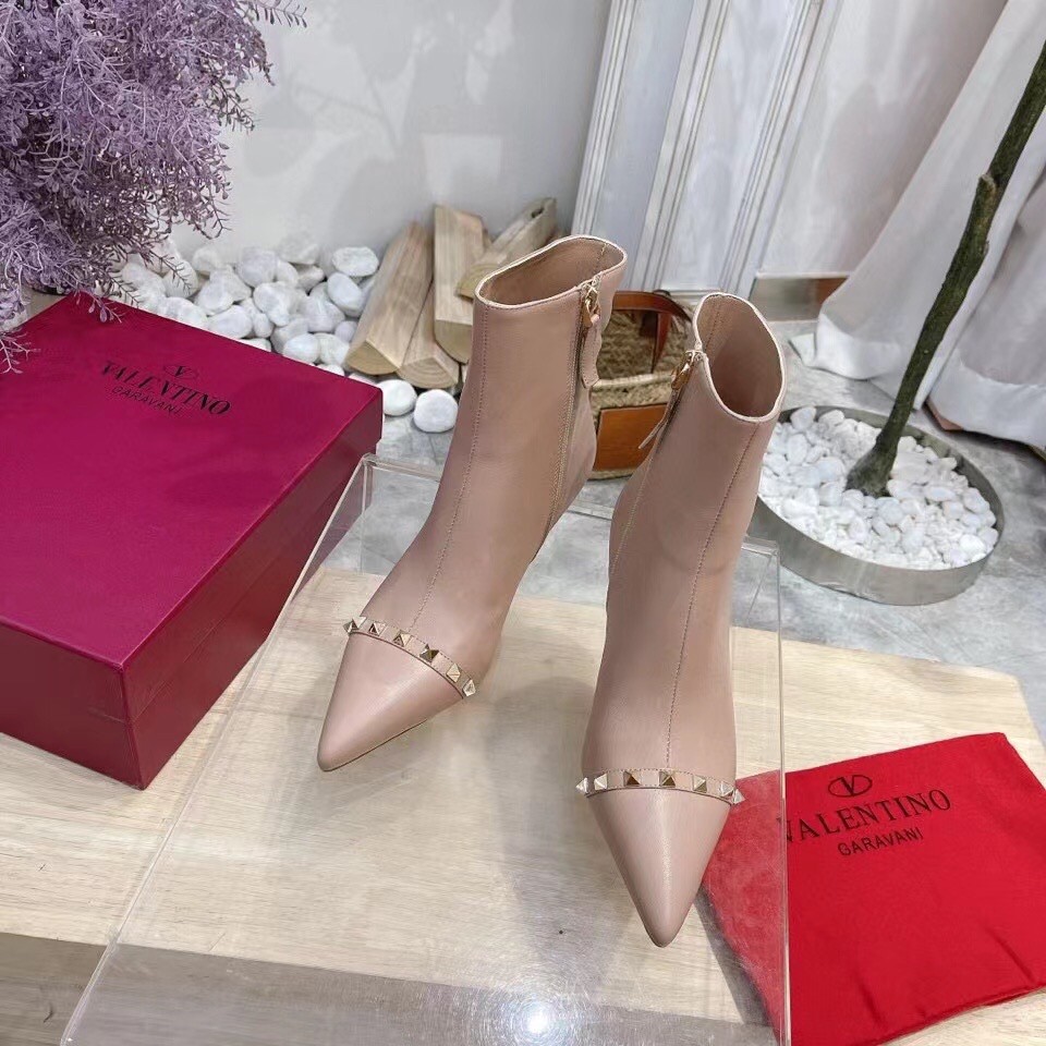 Valentino Nude Rockstud Ankle Boots with Sculpted Heel
