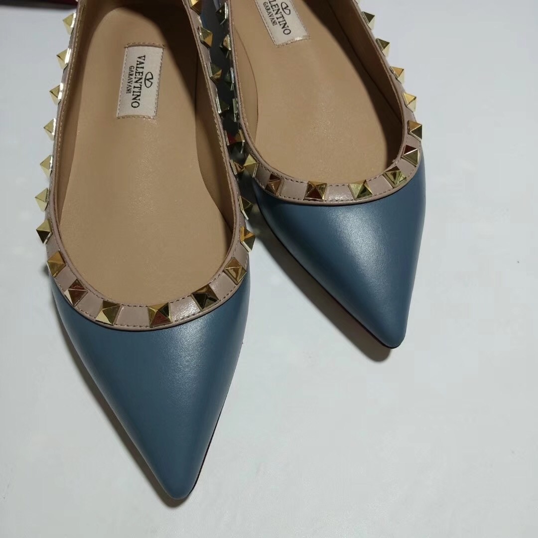 Valentino Rockstud Ballet Flats In Blue Calfskin