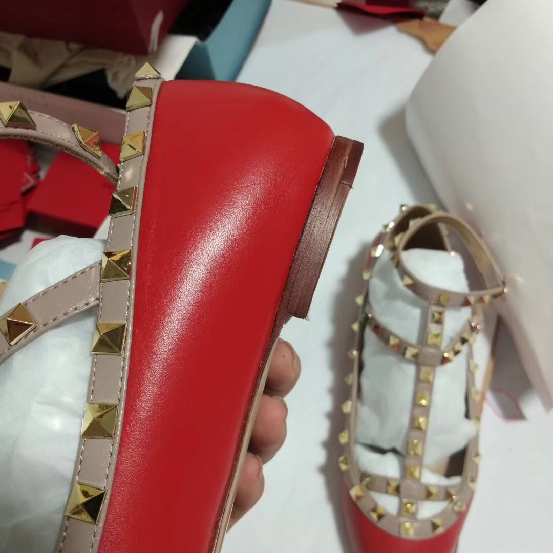 Valentino Cage Rockstud Ballet Flats In Red Calfskin