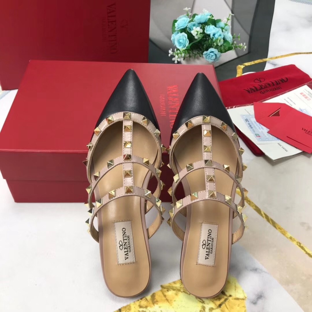 Valentino Rockstud Flat Mules In Black Nappa Leather