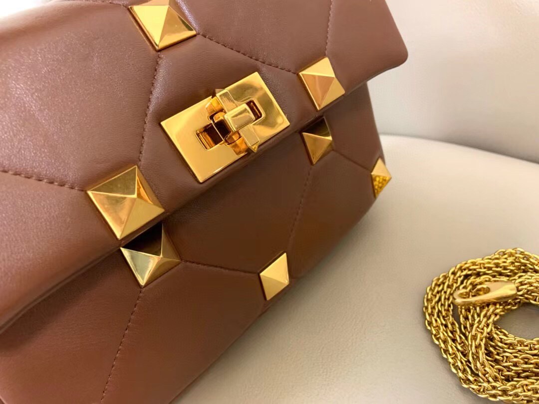 Valentino Medium Roman Stud Chain Bag In Teak Brown Nappa