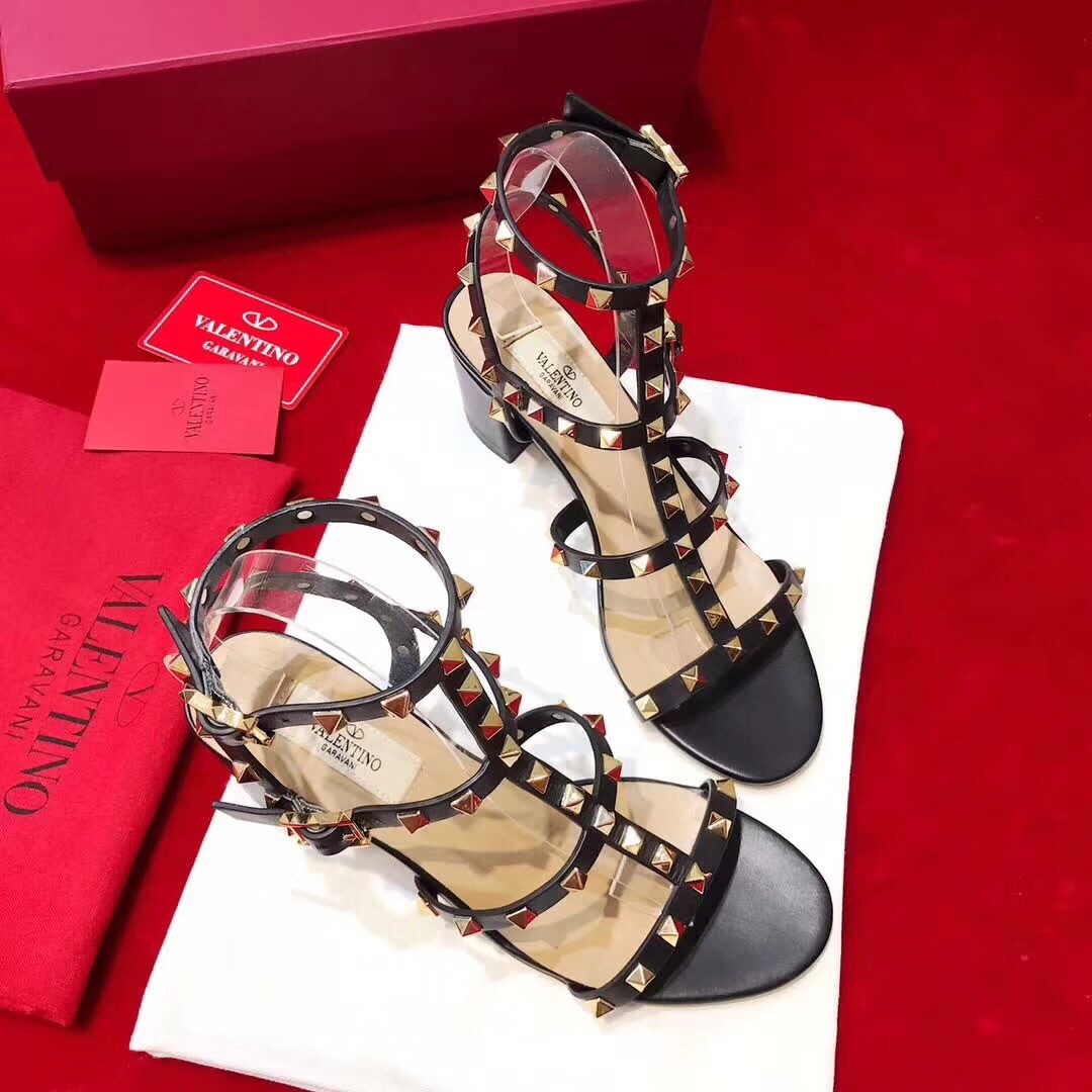 Valentino Rockstud Ankle Strap Sandals 60mm In Black Calfskin