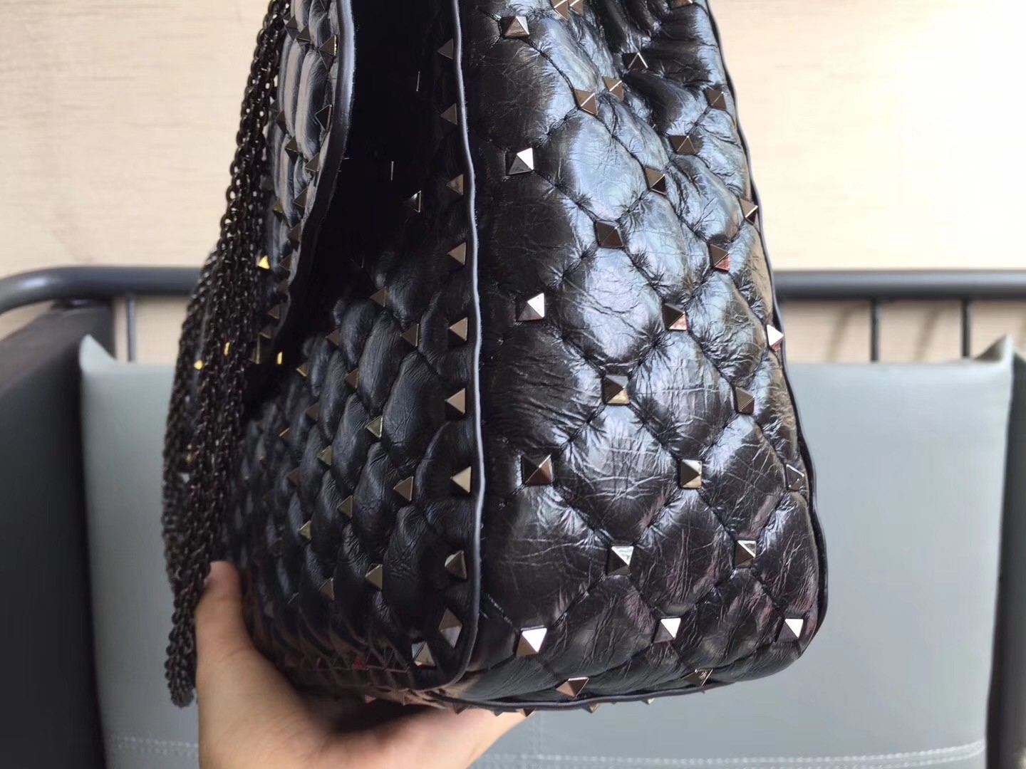 Valentino Large Crinkled Lambskin Rockstud Spike Shoulder Bag