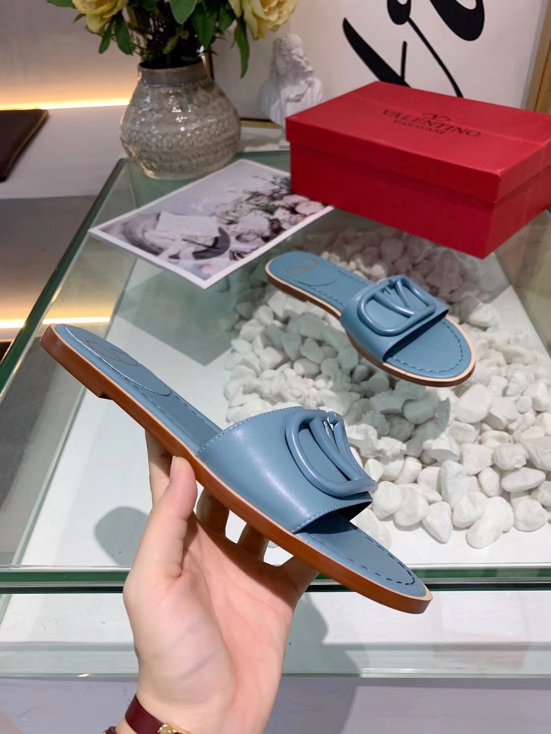 Valentino Vlogo Flat Slide Sandals In Amadeus Calfskin