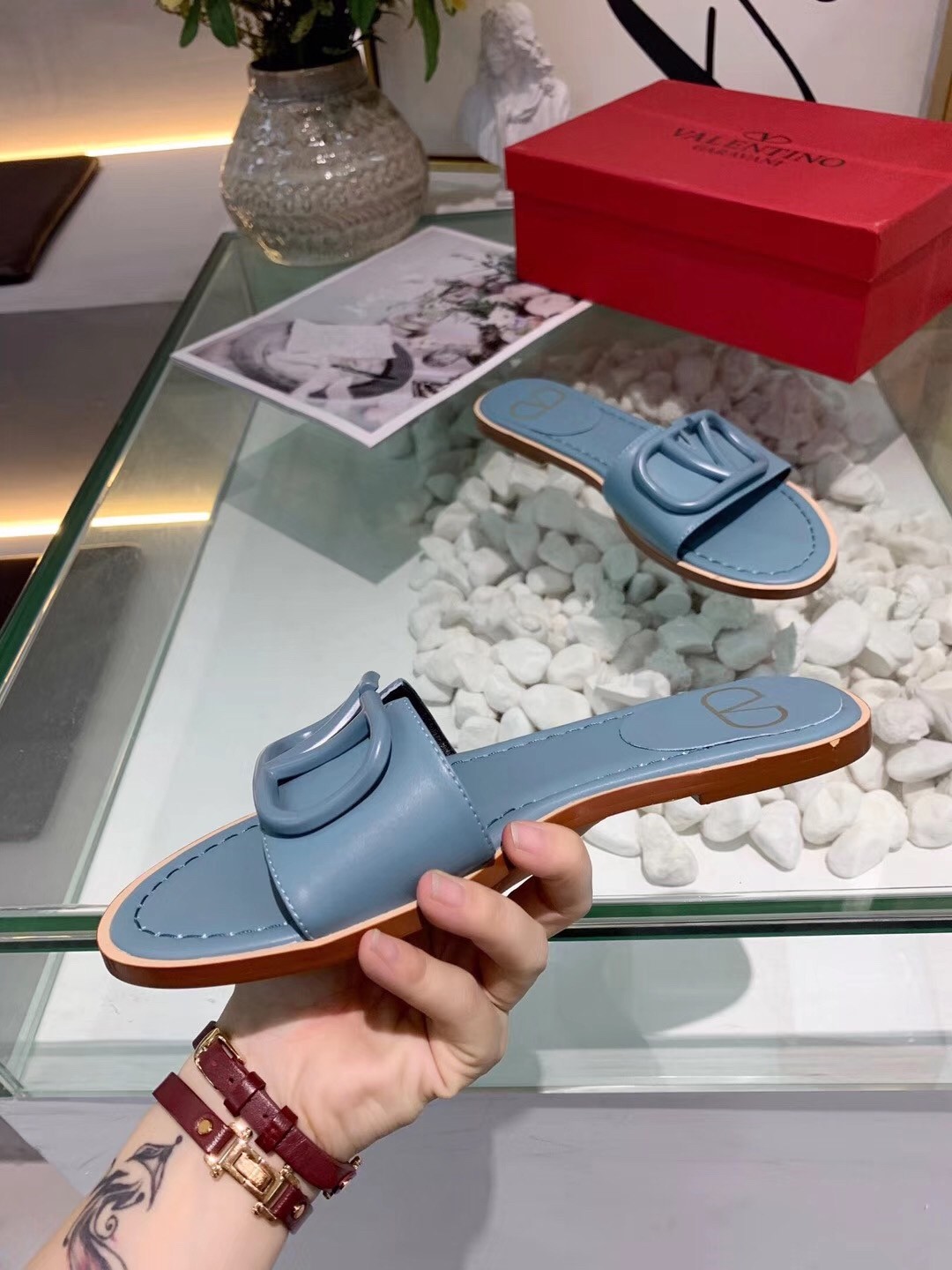Valentino Vlogo Flat Slide Sandals In Amadeus Calfskin