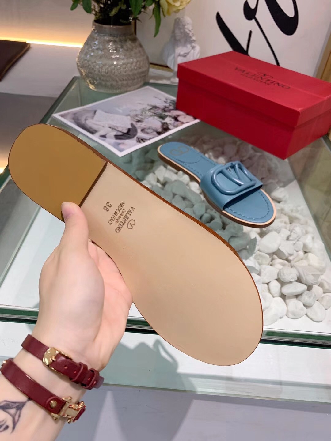 Valentino Vlogo Flat Slide Sandals In Amadeus Calfskin