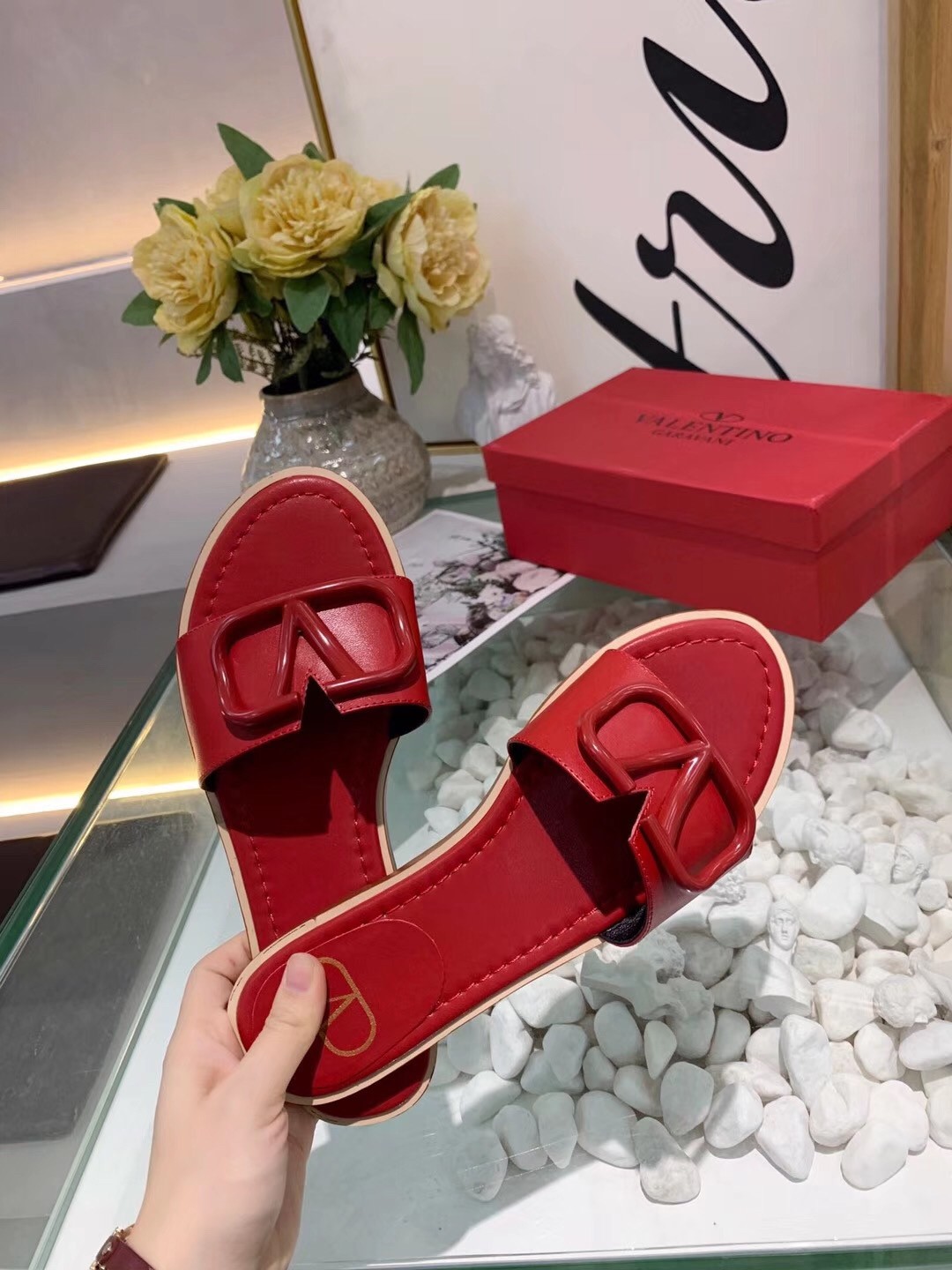Valentino Vlogo Flat Slide Sandals In Red Calfskin