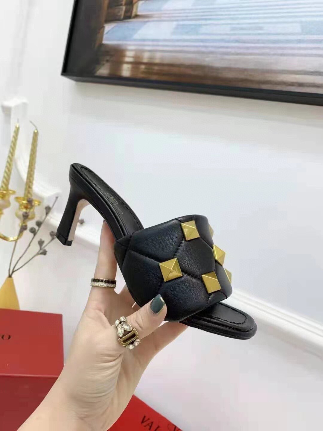Valentino Roman Stud Slide Sandals 65mm In Black Lambskin