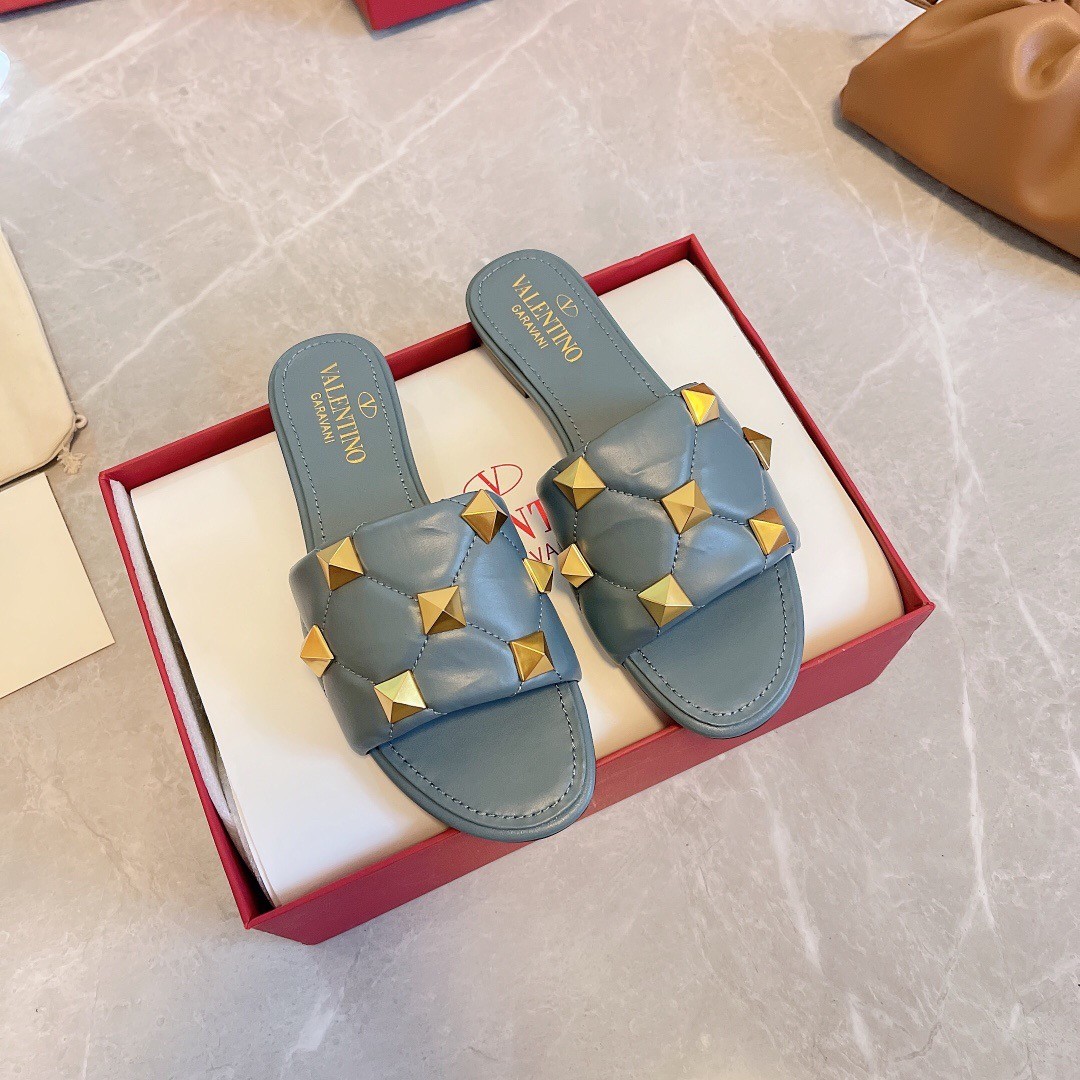 Valentino Roman Stud Flat Slides In Blue Quilted Nappa
