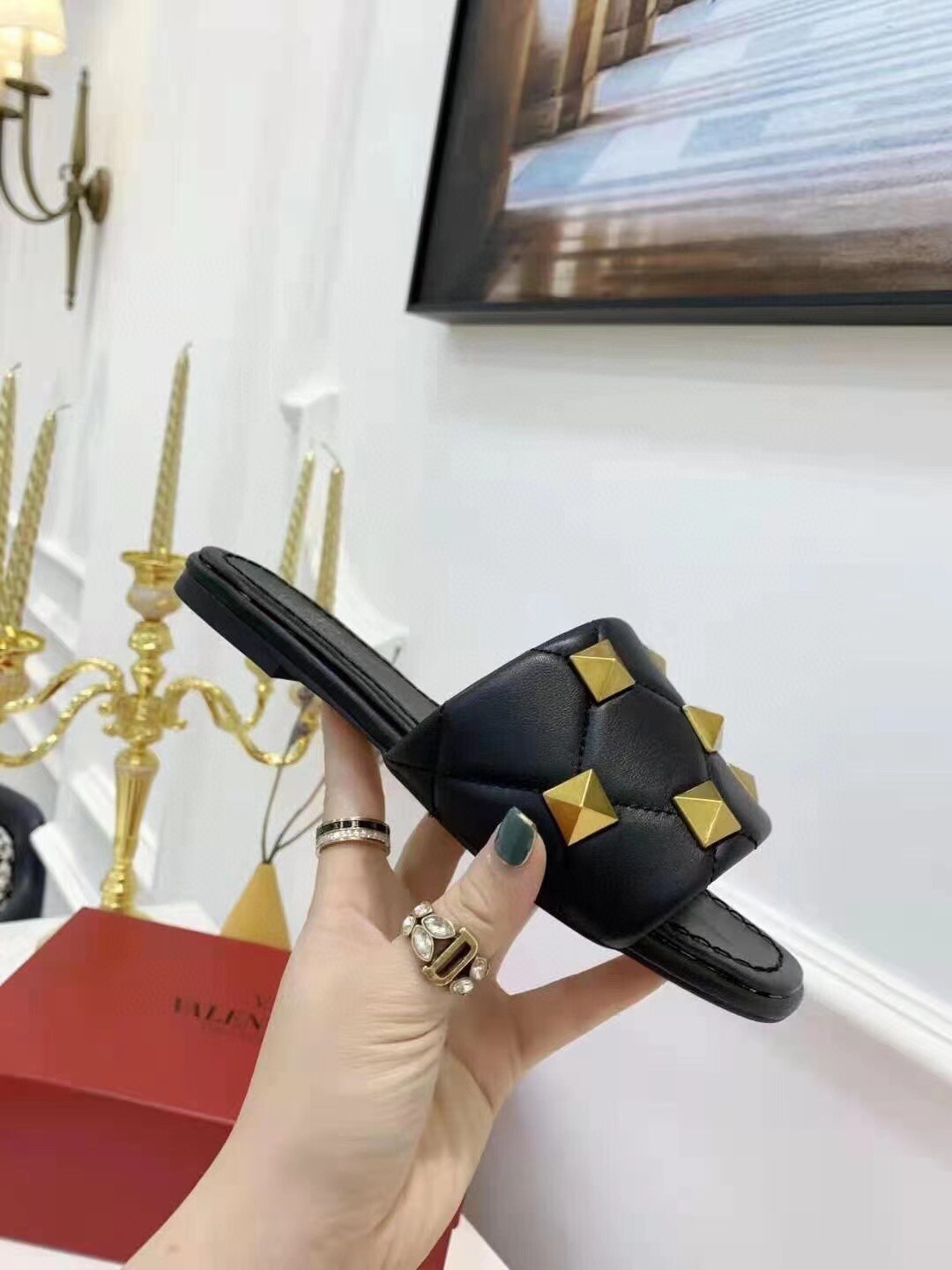 Valentino Roman Stud Slide Sandals In Black Nappa Leather