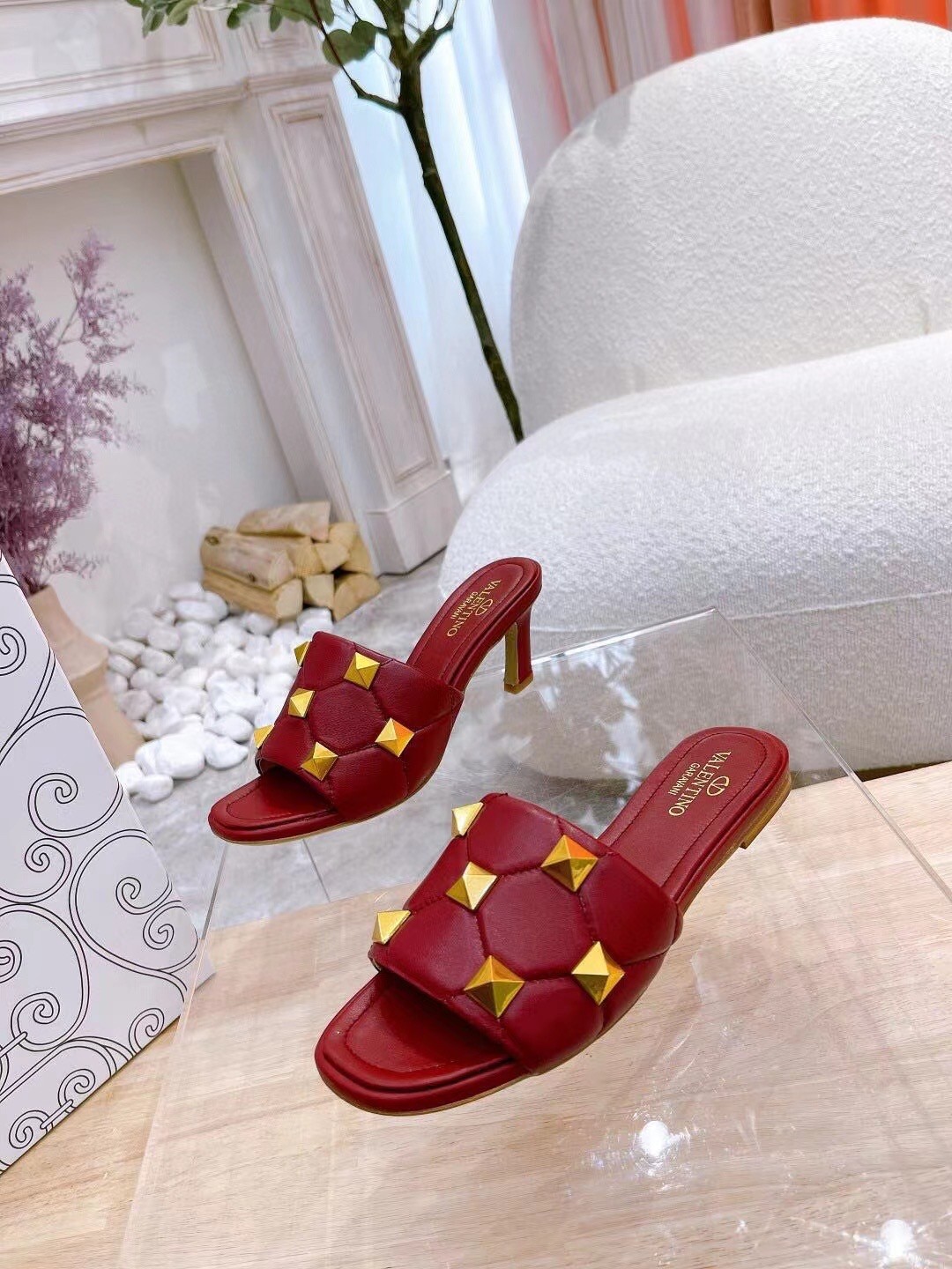 Valentino Roman Stud Flat Slides In Red Quilted Nappa