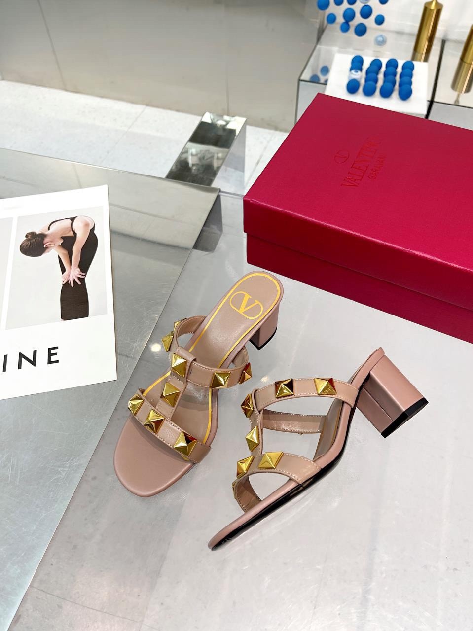 Valentino Roman Stud Slide Sandals 60mm In Rose Cannelle Calfskin
