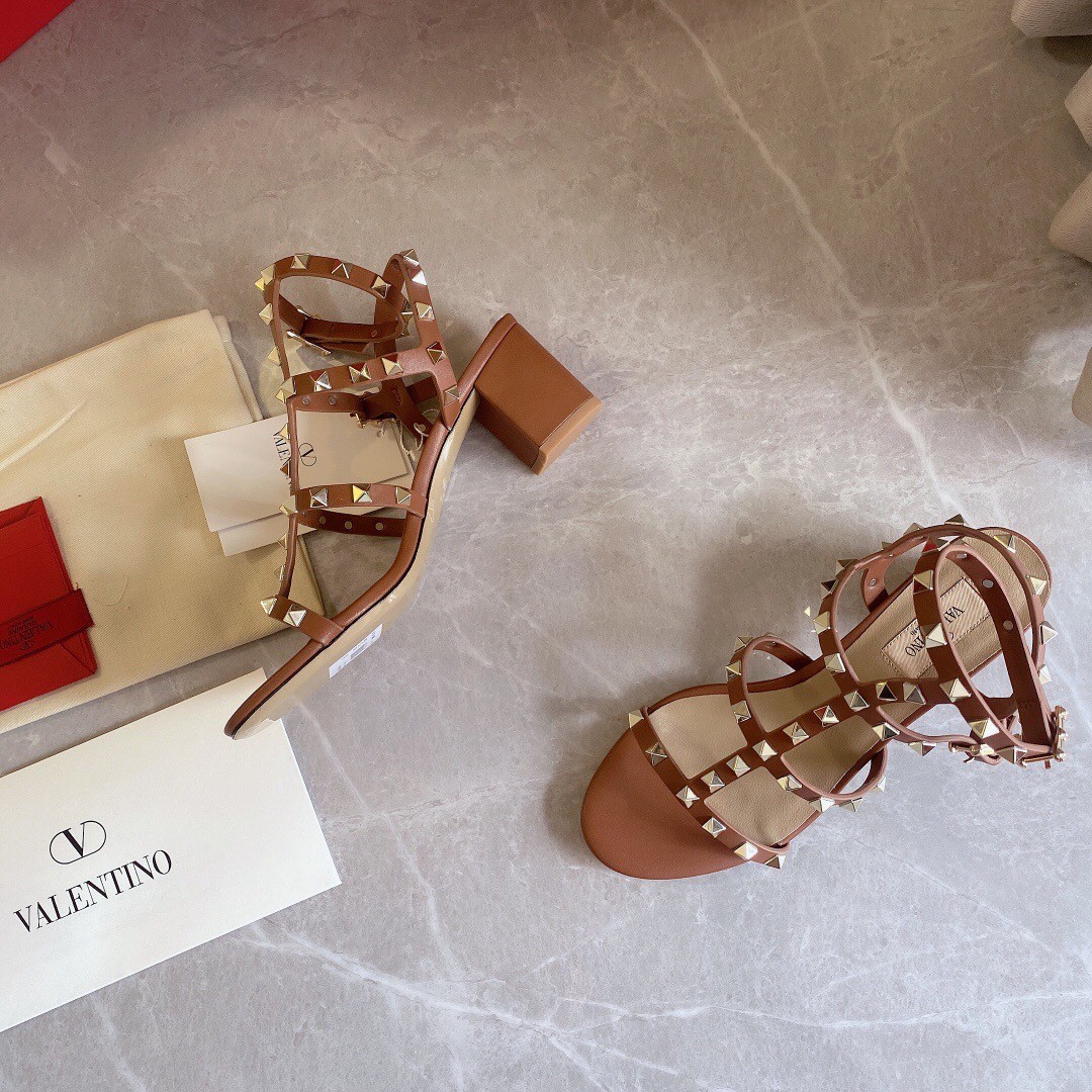 Valentino Rockstud Ankle Strap Sandals 60mm In Brown Calfskin