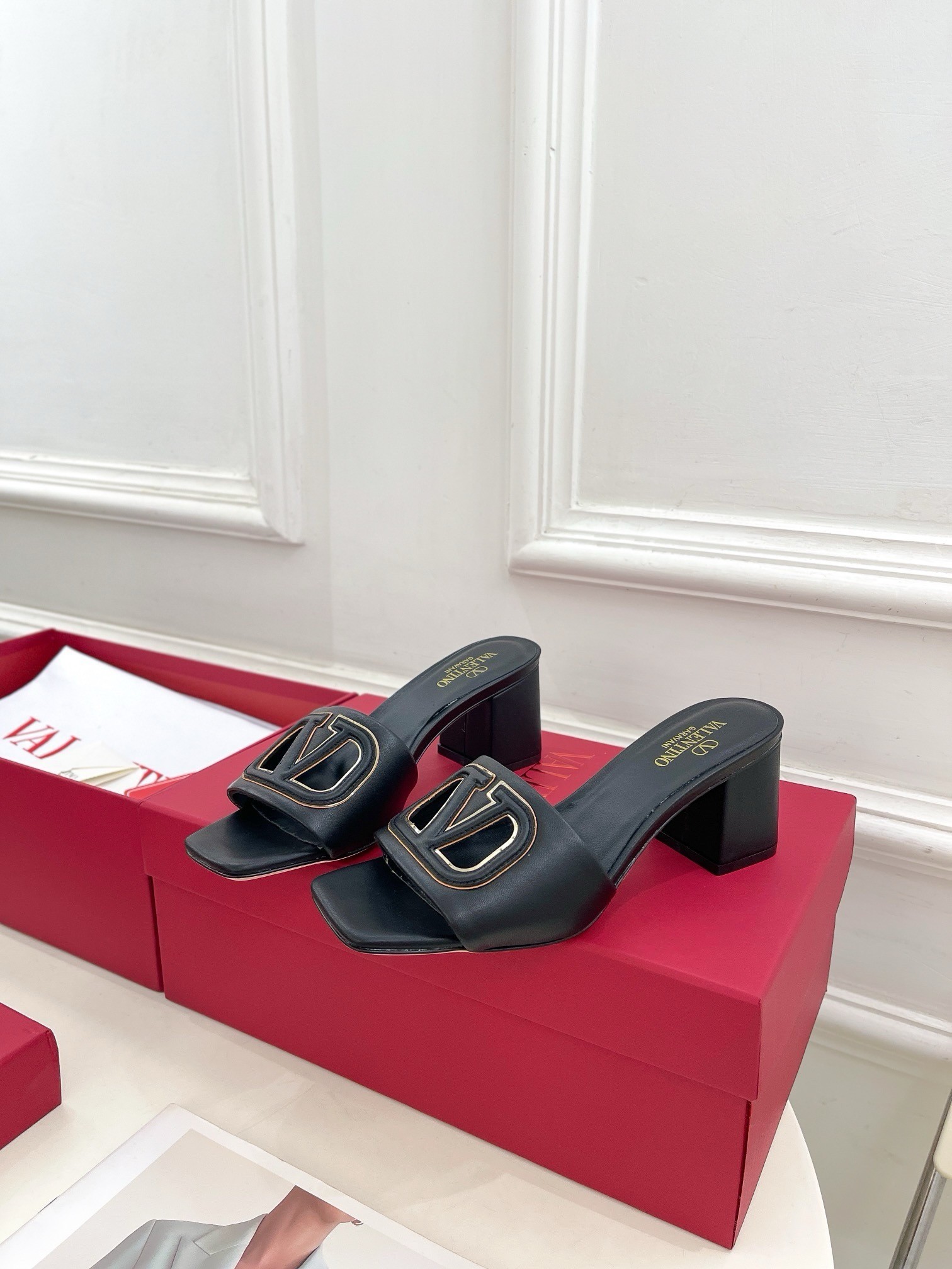 Valentino VLogo Cut-out Slide Sandals 60mm in Black Leather