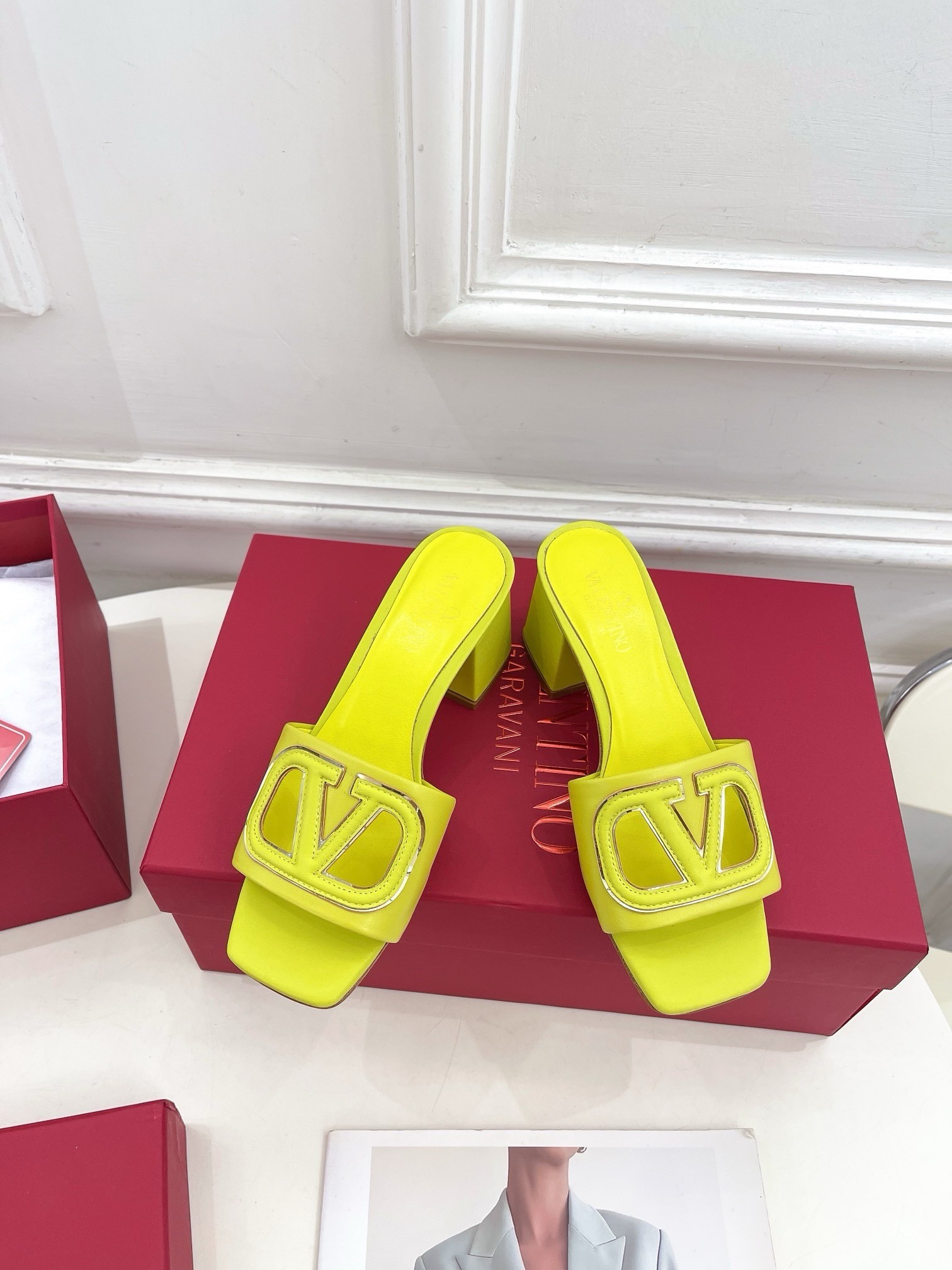 Valentino VLogo Cut-out Slide Sandals 60mm in Yellow Leather