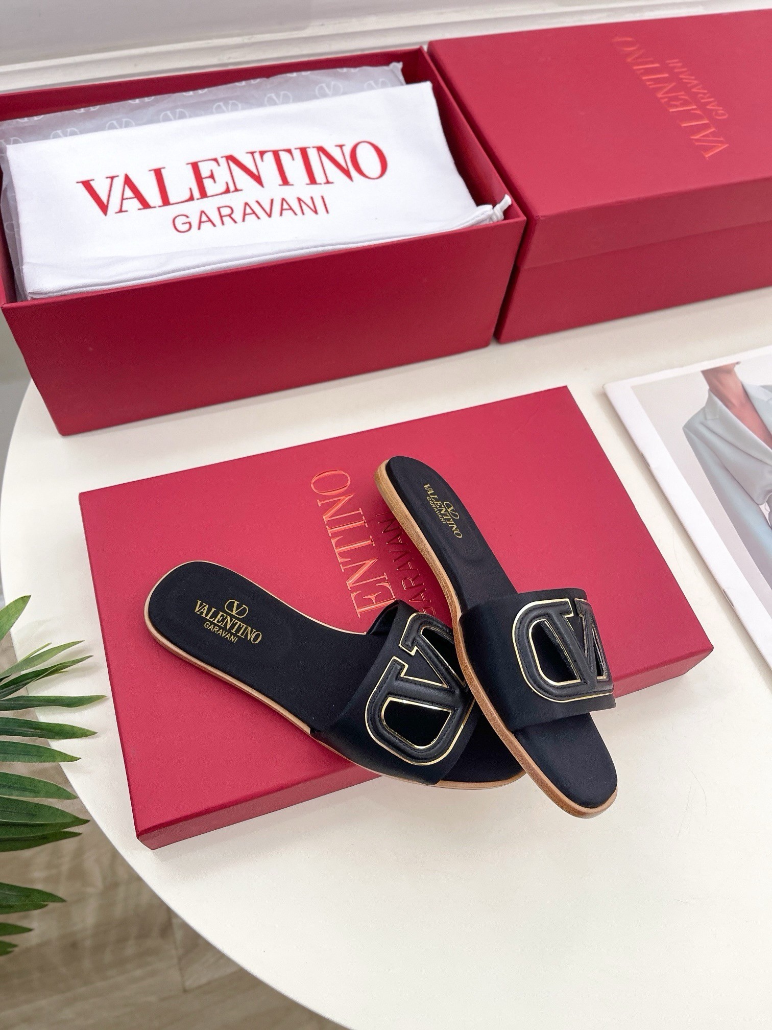 Valentino VLogo Cut-out Slide Sandals in Black Leather