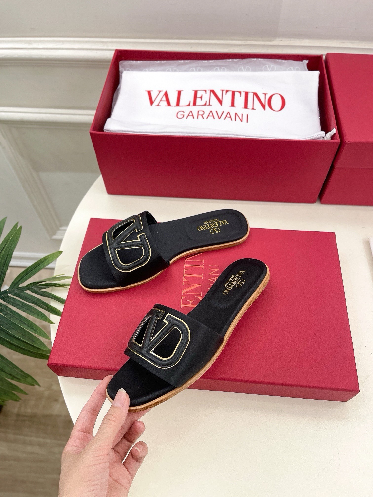 Valentino VLogo Cut-out Slide Sandals in Black Leather